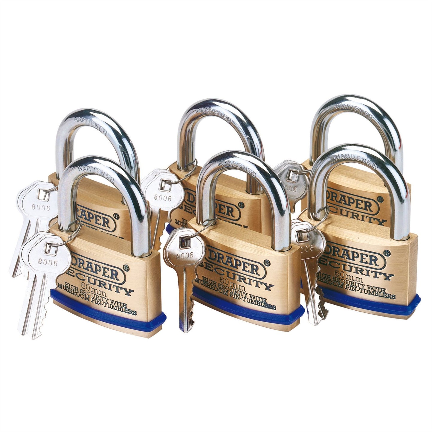 Draper 67663 Solid Brass Padlocks with Hardened Steel Shackle 60mm Pack of 6 Draper