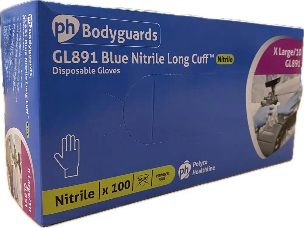 10 Boxes 1000 Bodyguards Long Cuff Blue Nitrile Disposable Gloves XL GL891 Bodyguards