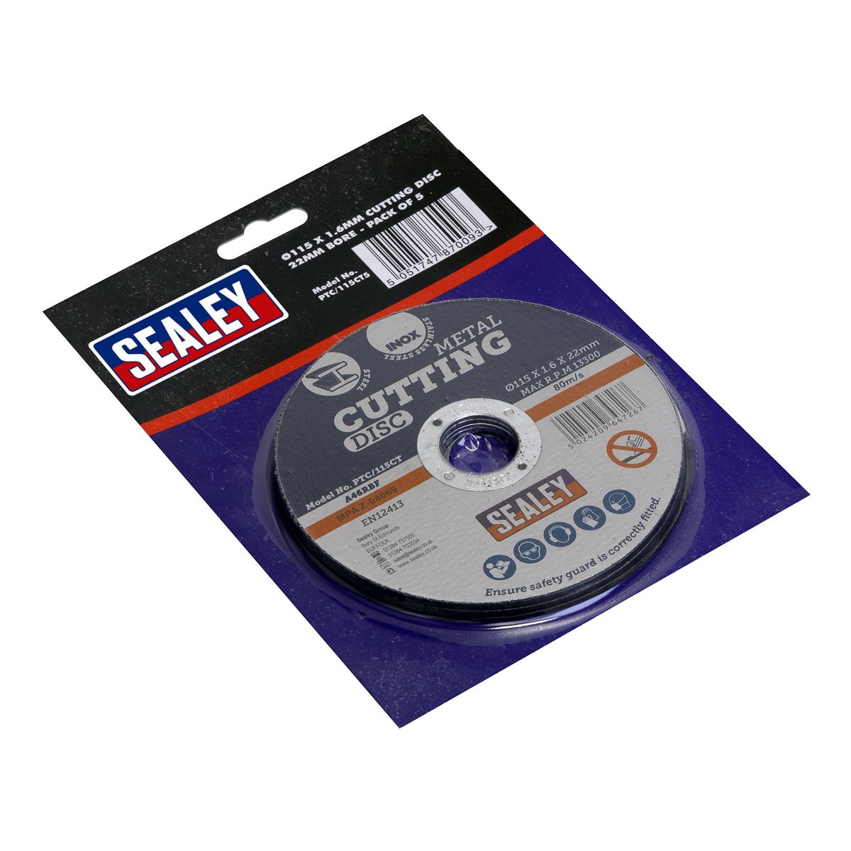 Sealey PTC/115CT5 Cutting Disc Ø115 x 1.6mm Ø22mm Bore Pack of 5 Sealey