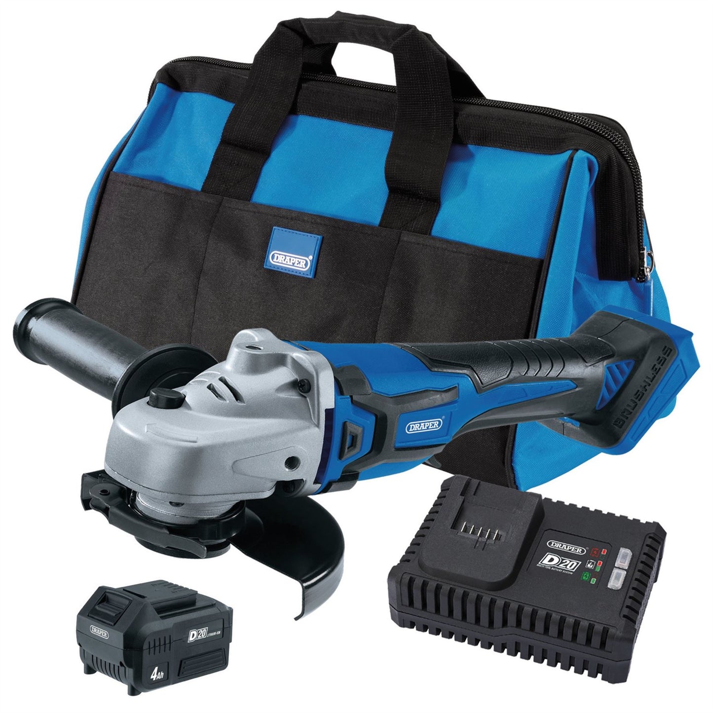 Draper 70368 D20 20V Angle Grinder Kit 1 x 4.0Ah Battery 1 x Fast Charger in 28L Tool Bag Draper