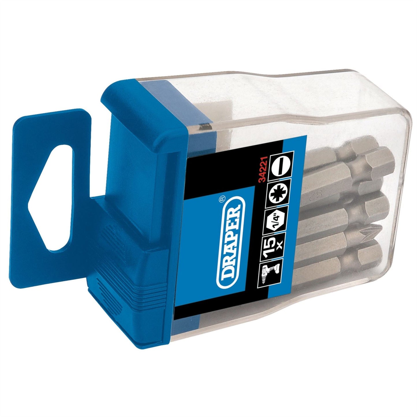 Draper 34221 Assorted Insert Bits in Plastic Storage Case 1/4" Hex 15 Piece Draper