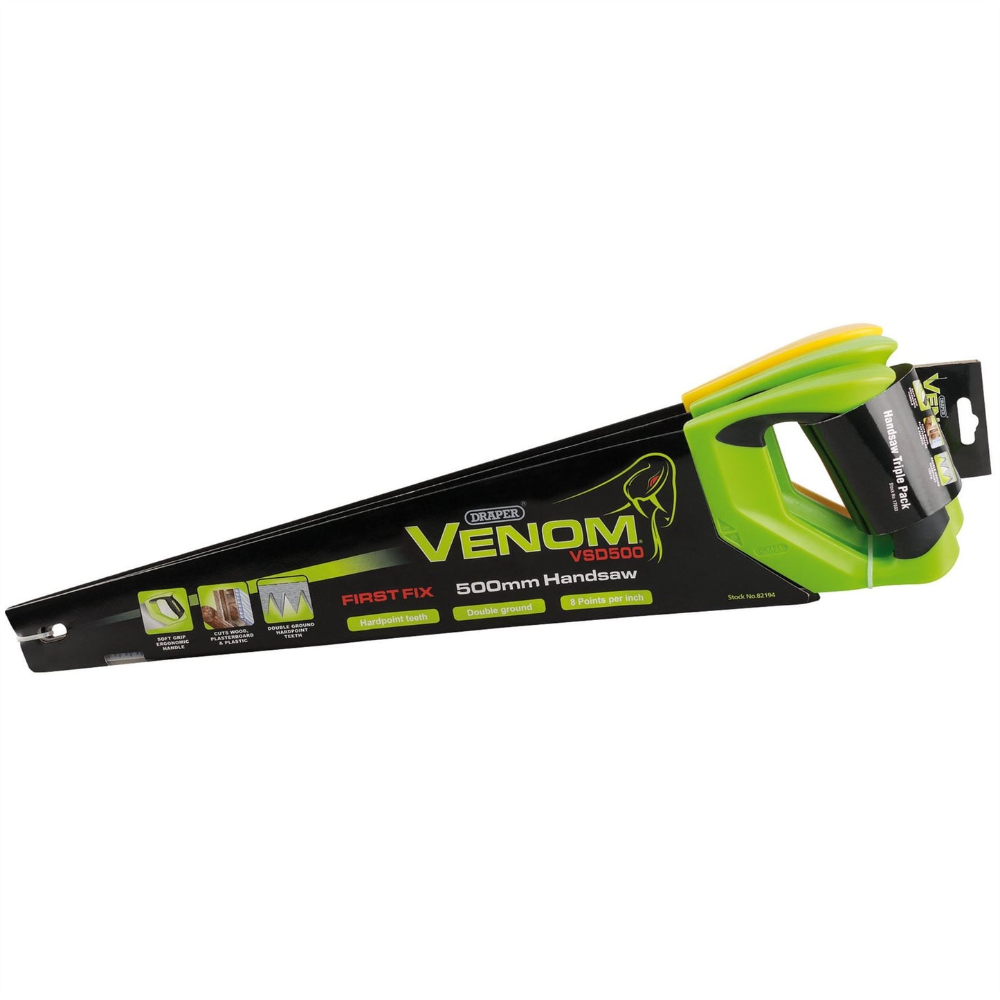 Draper 17693 Venom® 2 x First Fix & 1 x Second Fix Double Ground Handsaws 500mm 7tpi/8ppi & 11tpi/12ppi Pack of 3 Draper