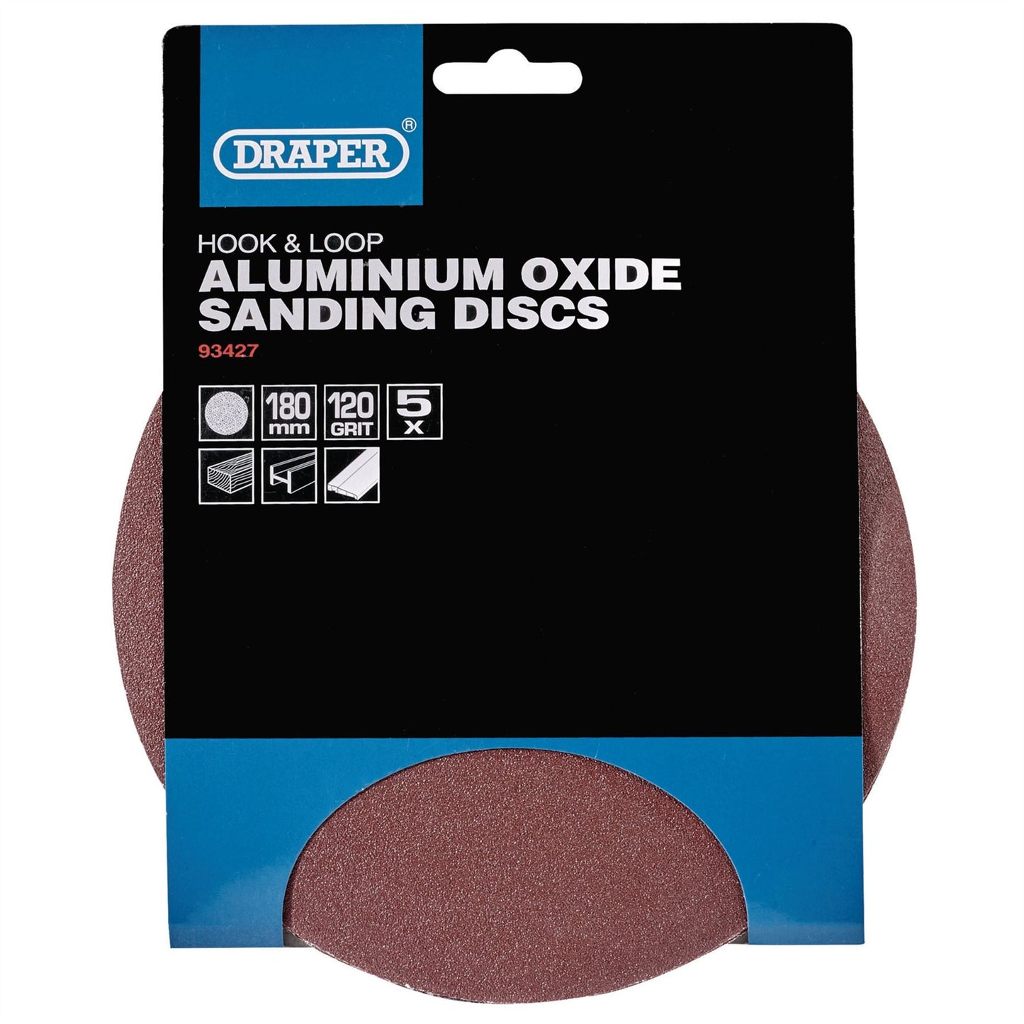 Draper 93427 Hook and Loop Aluminium Oxide Sanding Discs 180mm 120 Grit Pack of 5 Draper