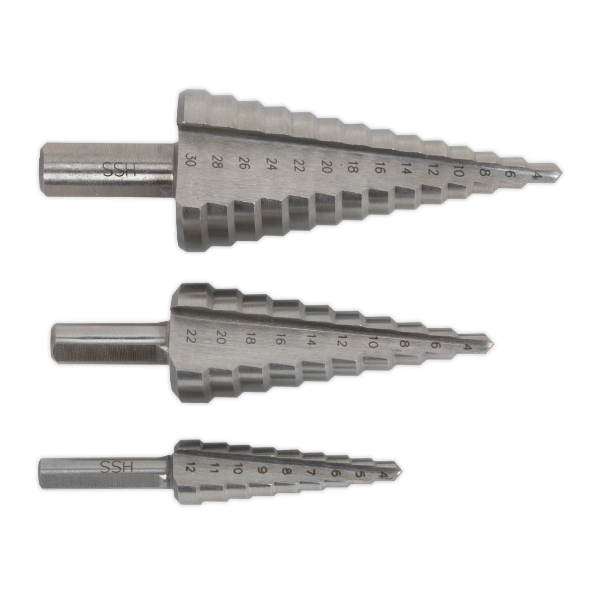 Sealey AK4746 HSS 4341 Step Drill Bit Set 3pc Double Flute Sealey