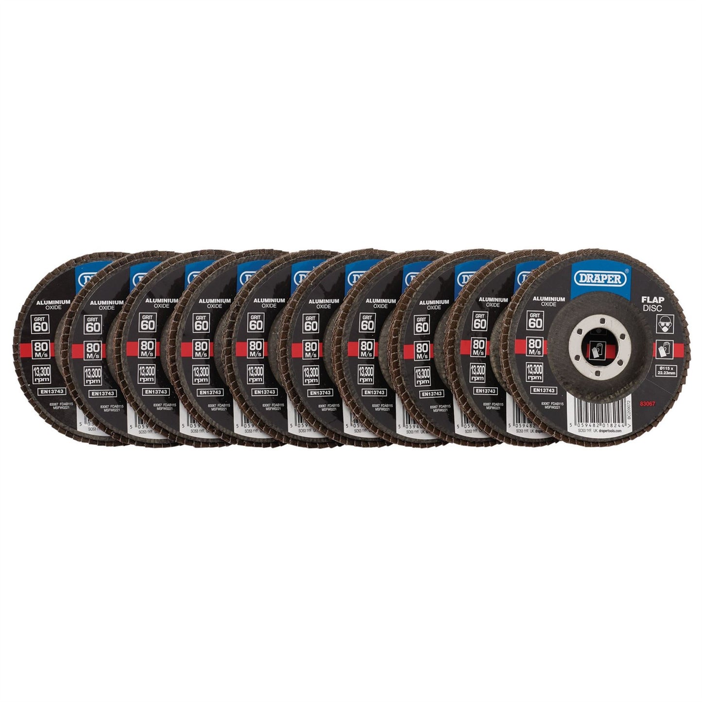 Draper 83067 Aluminium Oxide Flap Discs 115 x 22.23mm 60 Grit Pack of 10 Draper