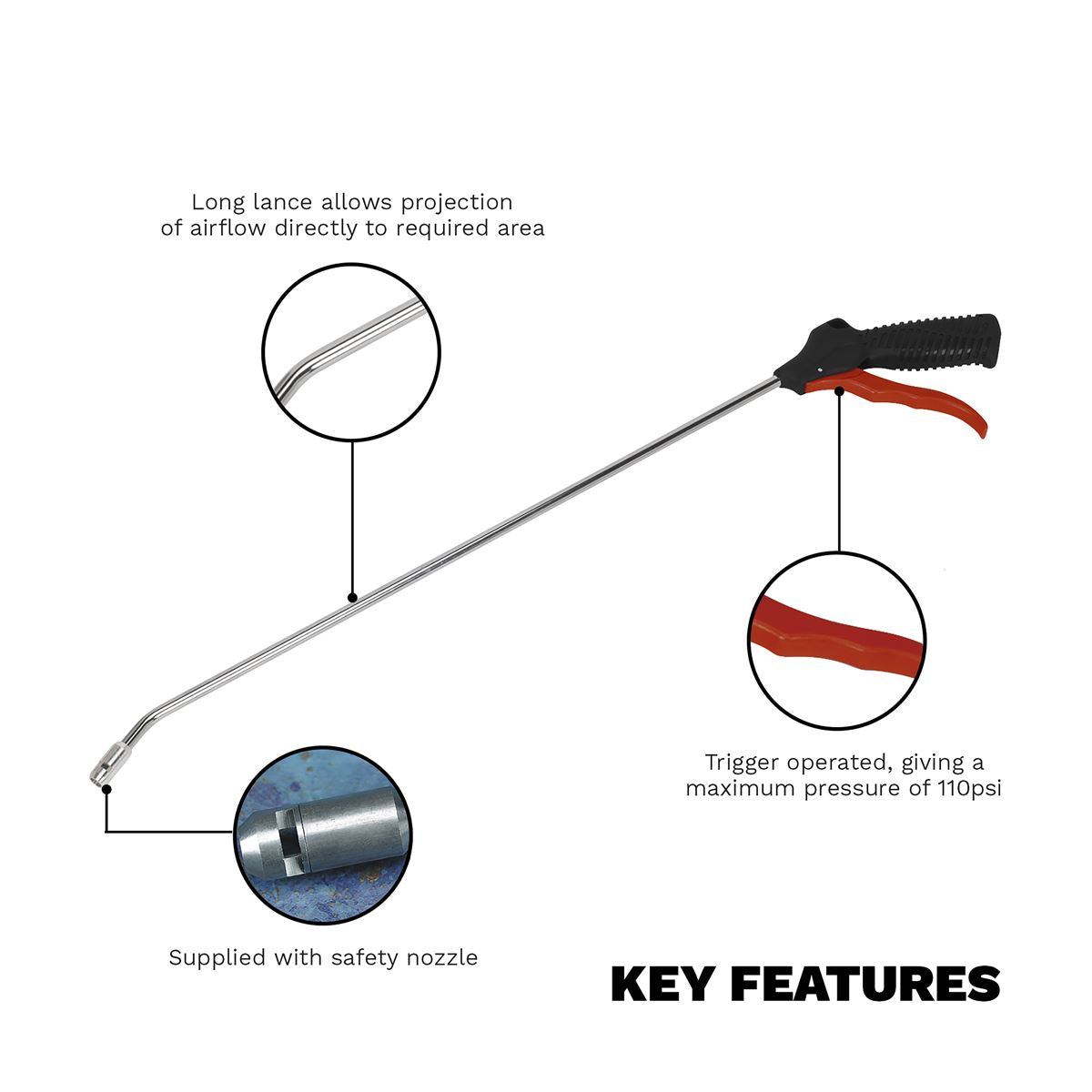 Sealey SA9137 Air Blow Gun 500mm with 1/4"BSP Air Inlet & Safety Nozzle Sealey