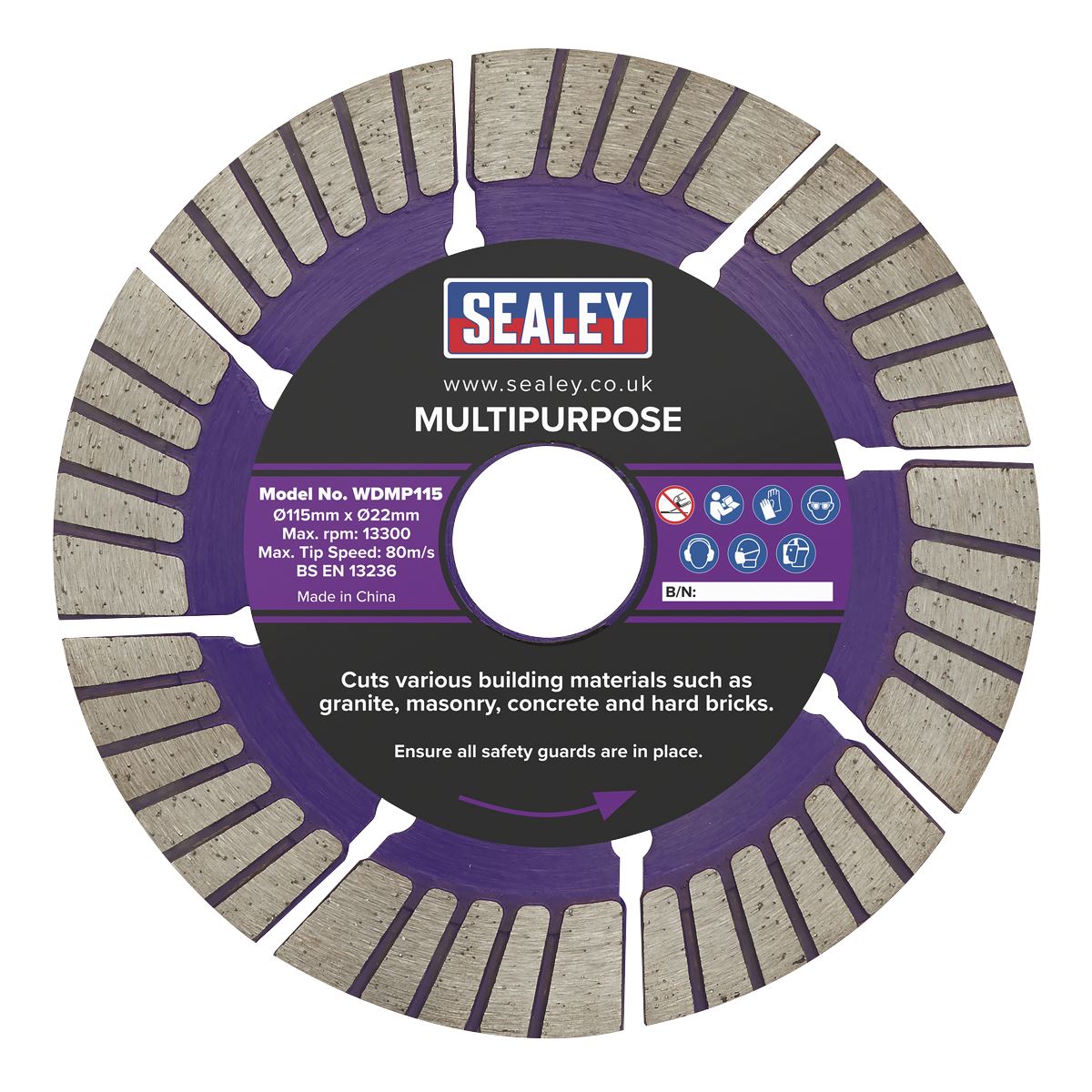 Sealey WDMP115 Cutting Disc Multipurpose Dry/Wet Use Ø115mm Sealey