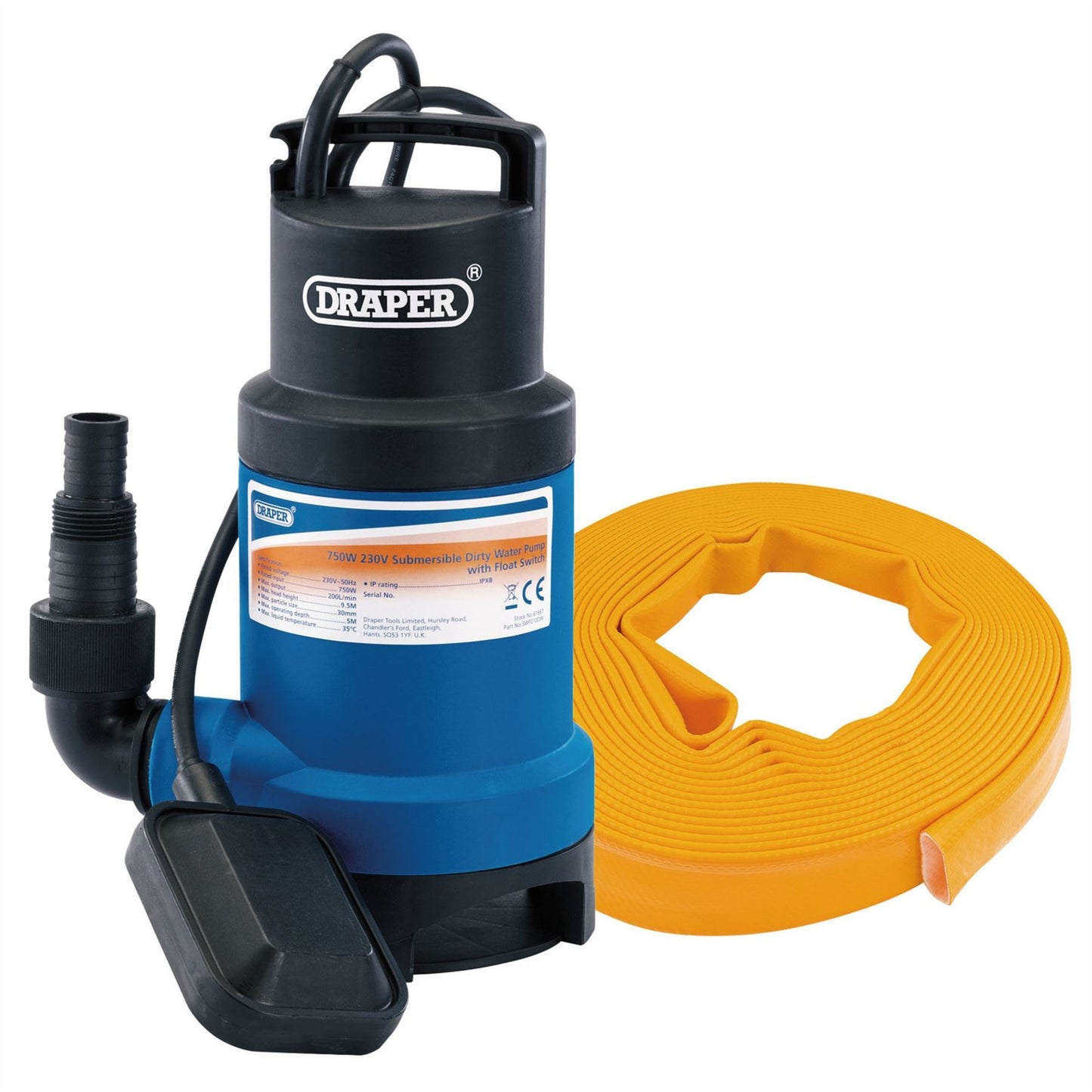 Draper 61814 Submersible Dirty Water Pump Kit with Layflat Hose & Adaptor 200L/Min 10m x 25mm 350W Draper
