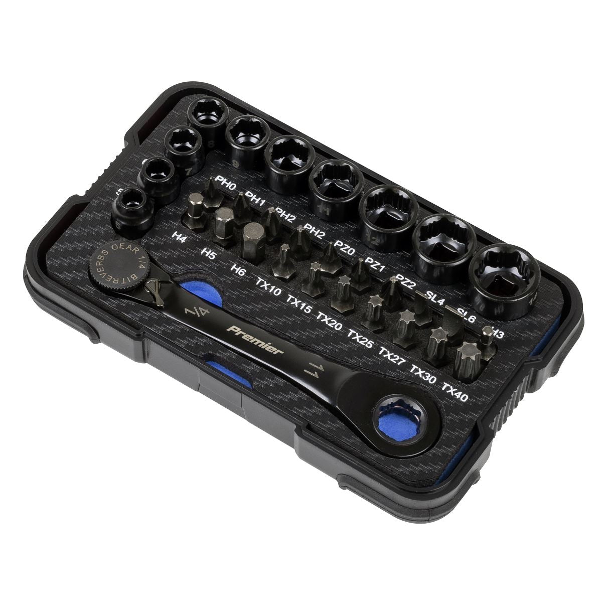 Sealey AK2112 Premier Black Go-Through Lock-On™ Low Profile Socket & Bit Set 1/4"Sq Drive 31pc Sealey