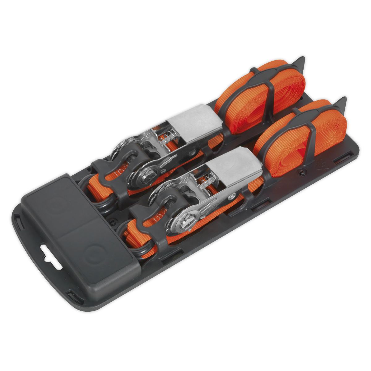 Sealey TD0540S2 Ratchet Straps 25mm x 4m Polyester Webbing with S-Hooks 500kg Breaking Strength - Pair Sealey