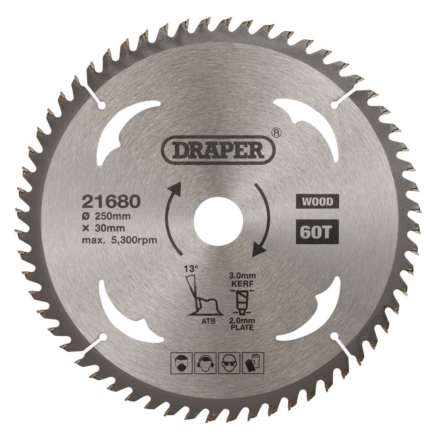 Draper 21680 TCT Circular Saw Blade for Wood 250 x 30mm 60T Draper