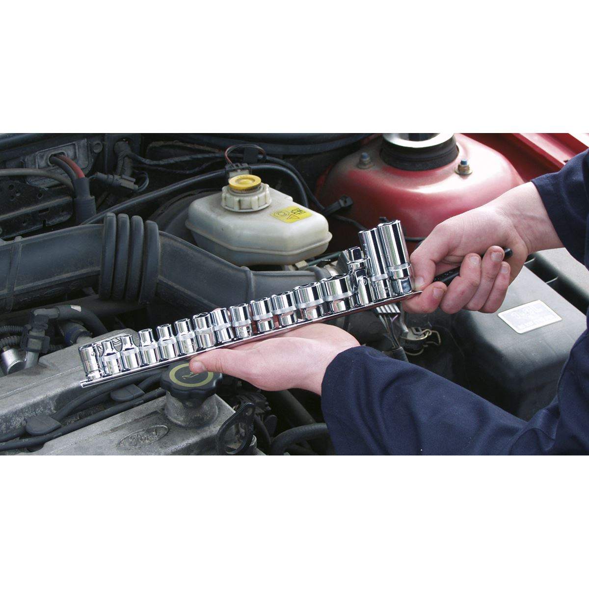 Sealey AK3814 Socket Retaining Rail with 14 Clips 3/8"Sq Drive Sealey