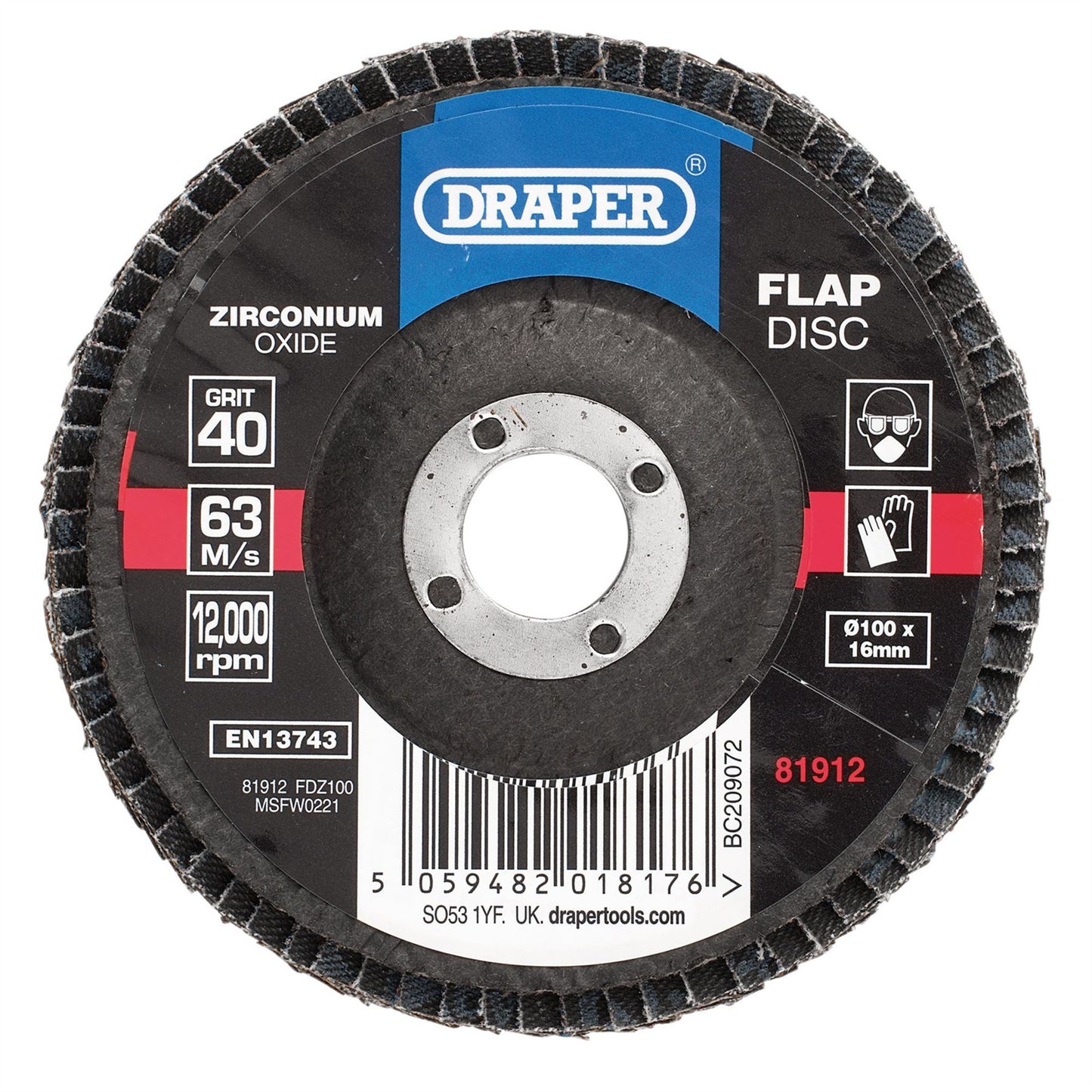 Draper 81912 Zirconium Oxide Flap Disc 100 x 16mm 40 Grit Draper