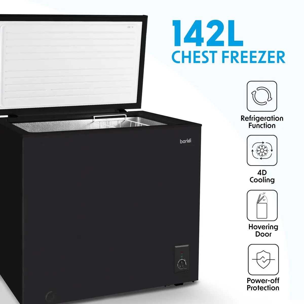 Baridi DH152 Freestanding Chest Freezer 142L Capacity Garages and Outbuilding Safe -12 to -24°C Adjustable Thermostat with Refrigeration Mode Black Baridi