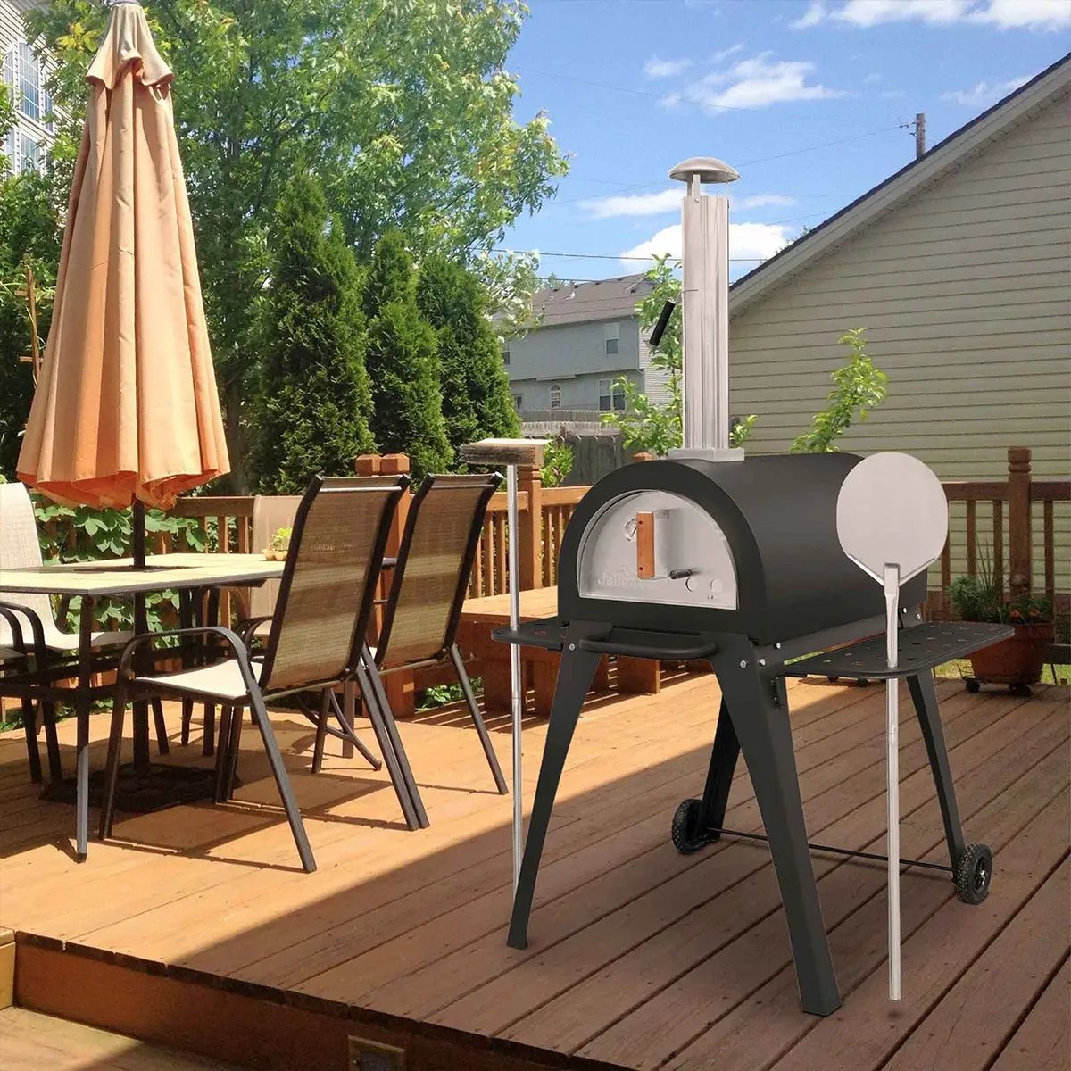 Dellonda DG103 Large Outdoor Wood-Fired Pizza Oven & Smoker with Side Shelves & Stand Dellonda