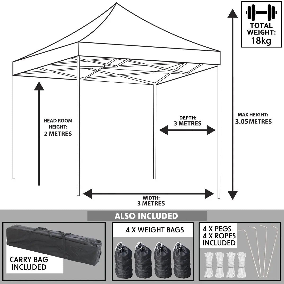 Dellonda DG133 Premium 3 x 3m Pop-Up Gazebo PVC Coated Water Resistant Fabric Grey Dellonda