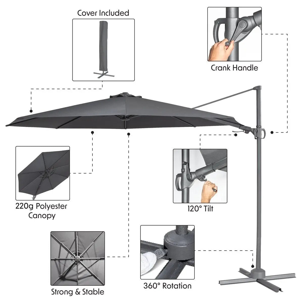 Dellonda DG267 Ø3m Garden/Patio Cantilever Parasol/Umbrella with Crank Handle Tilt 360° Rotation and Cover Grey Dellonda