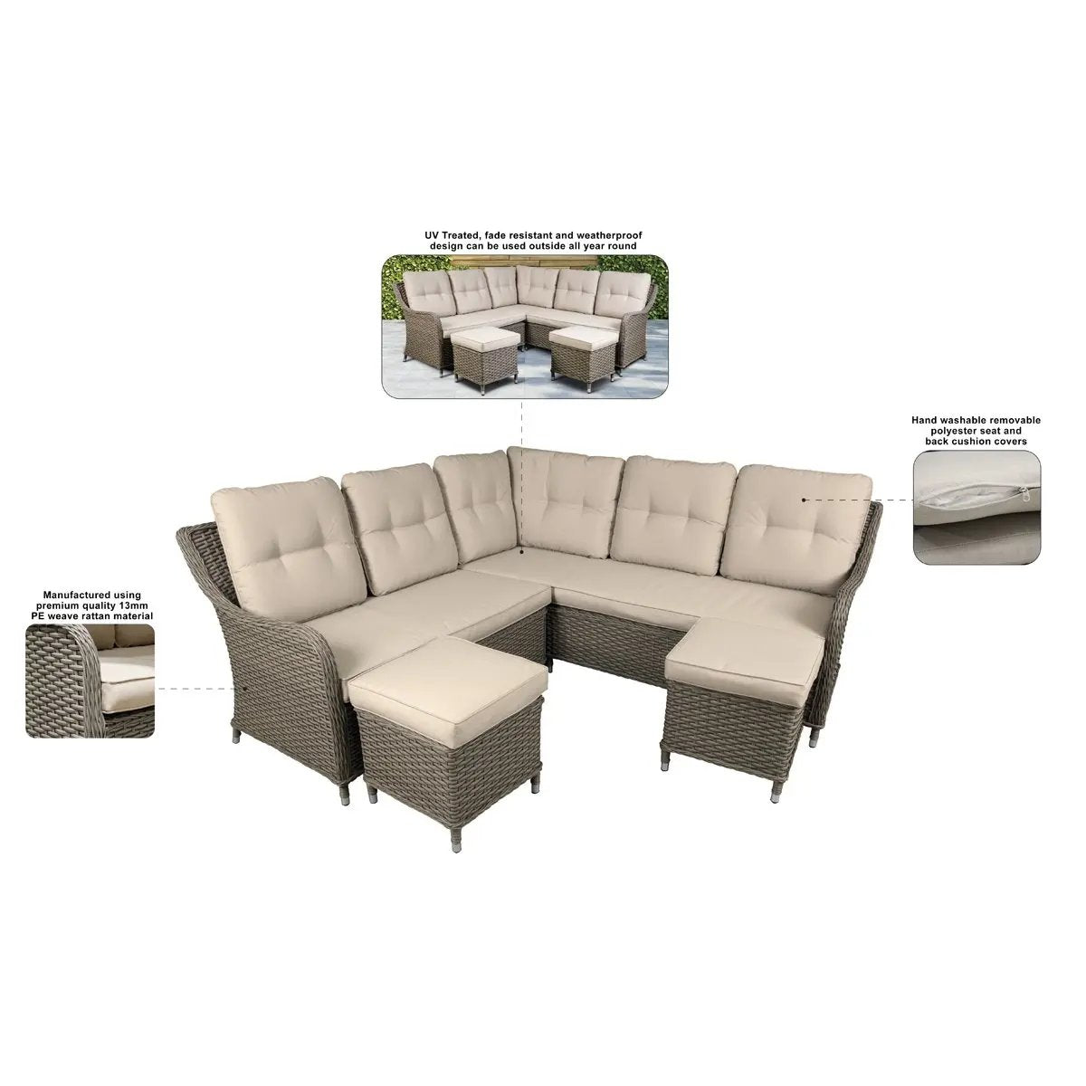 Dellonda DG72 Chester Rattan Wicker Outdoor 5 Seat Corner Sofa Set Brown Dellonda