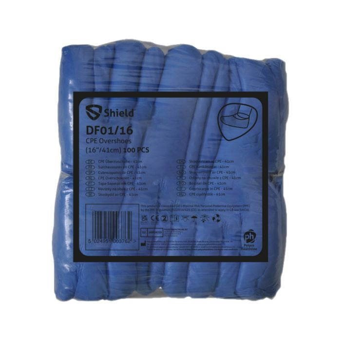 Shield DF01/16 Disposable Overshoes 16" Hand-sealed Polythene Case of 2000 – Blue Shield