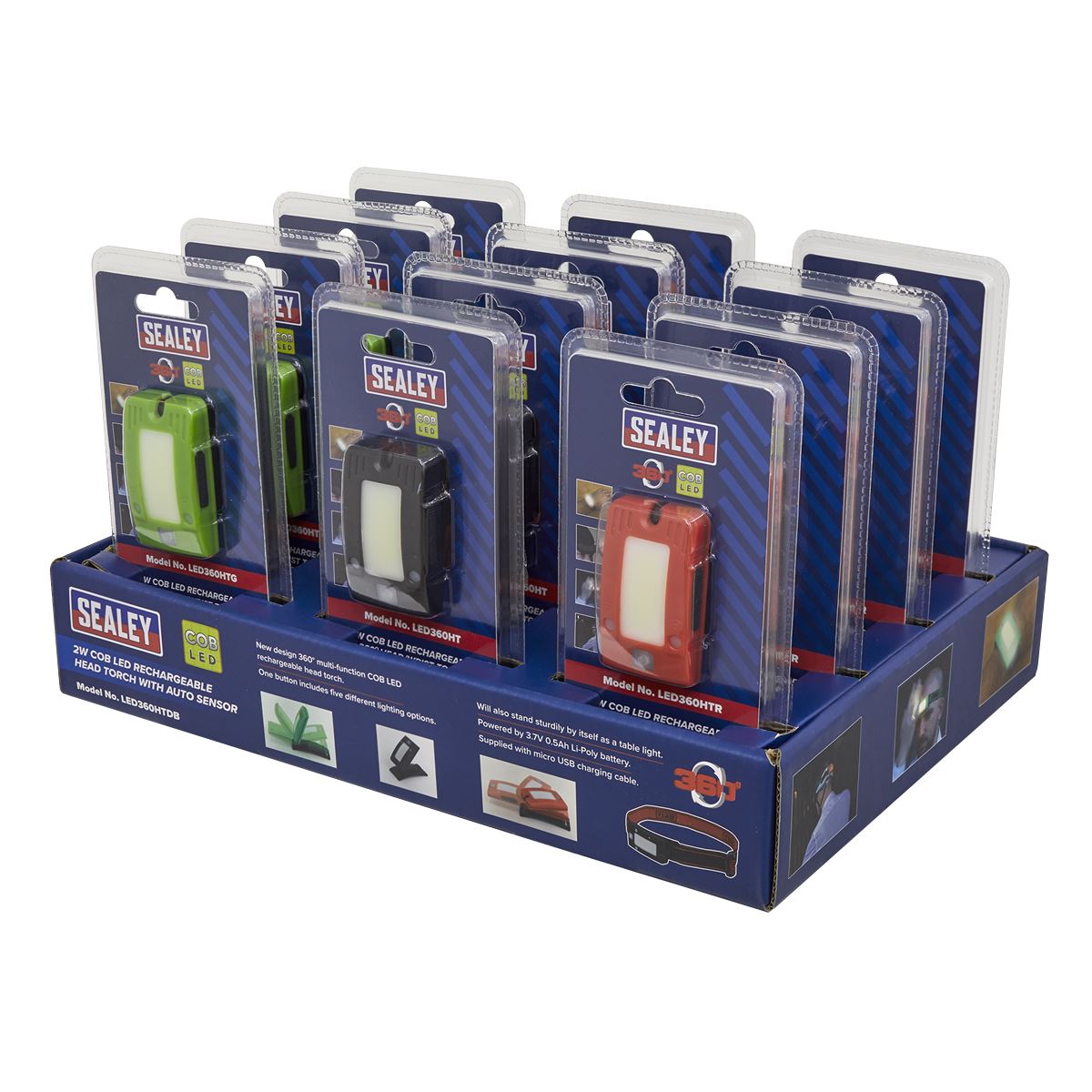 Sealey LED360HTDB Rechargeable Head Torches Auto-Sensor Black 2W COB LED Display Box of 12 Sealey