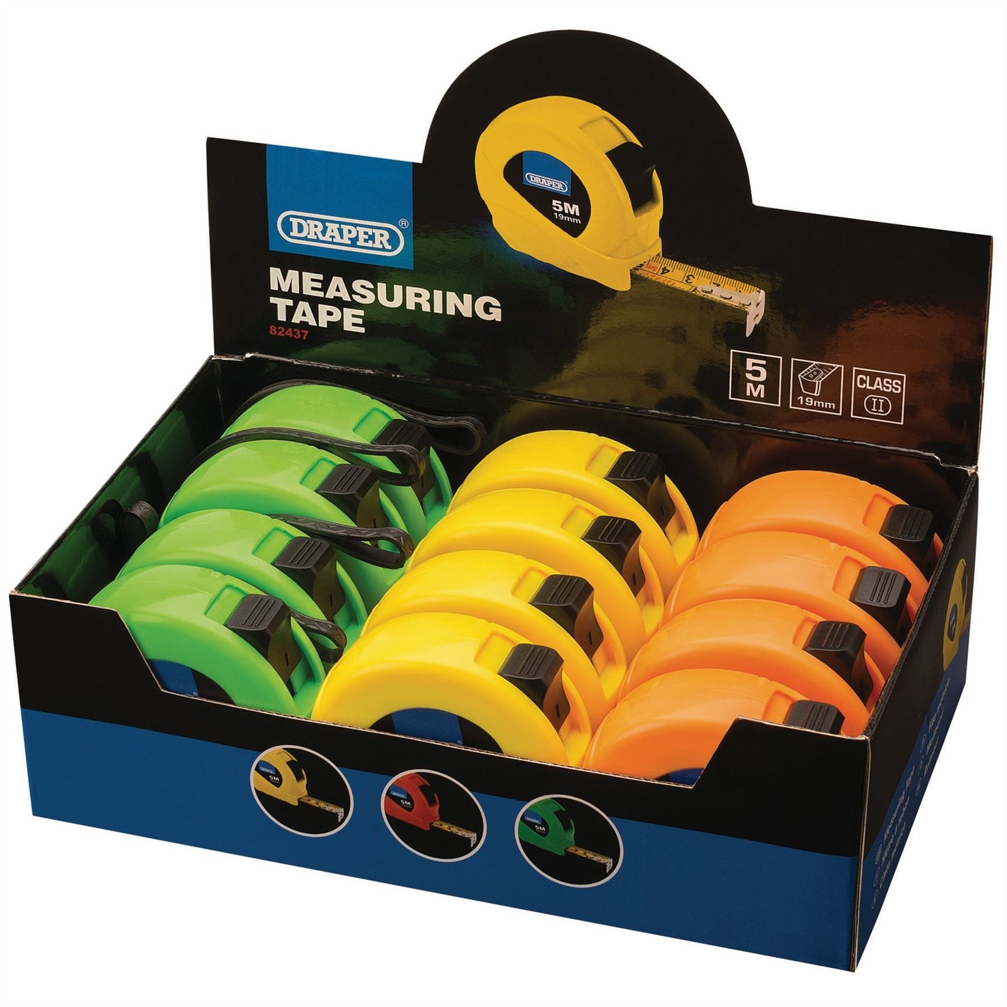 Draper 82437 Measuring Tapes 5m/16ft x 19mm 3 Colours Dispenser of 12 Draper