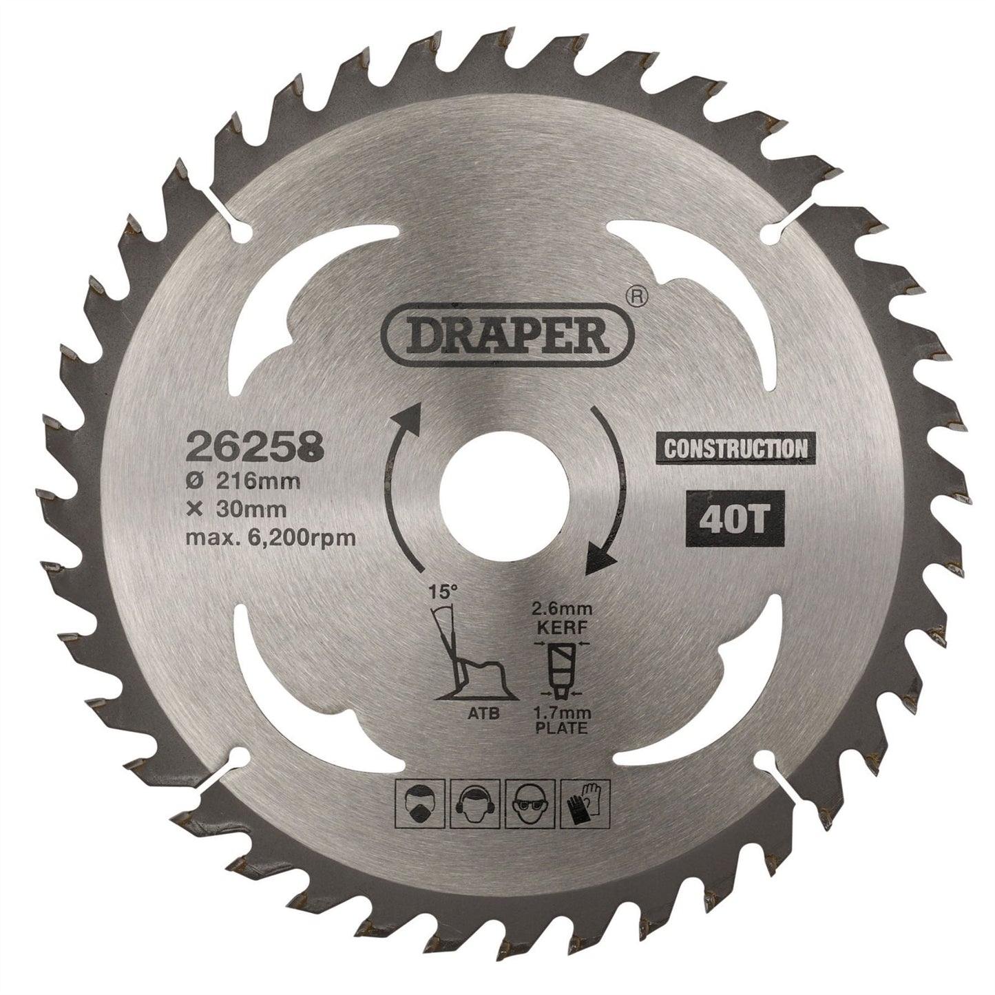 Draper 26258 TCT Construction Circular Saw Blade 216 x 30mm 40T Draper