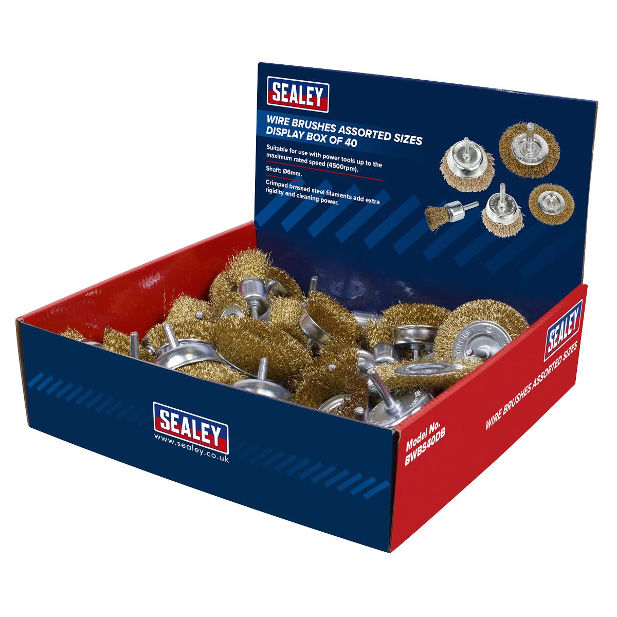 Sealey BWBS40DB Crimped Wire Brushes - Assorted Sizes - Display Box of 40 Sealey