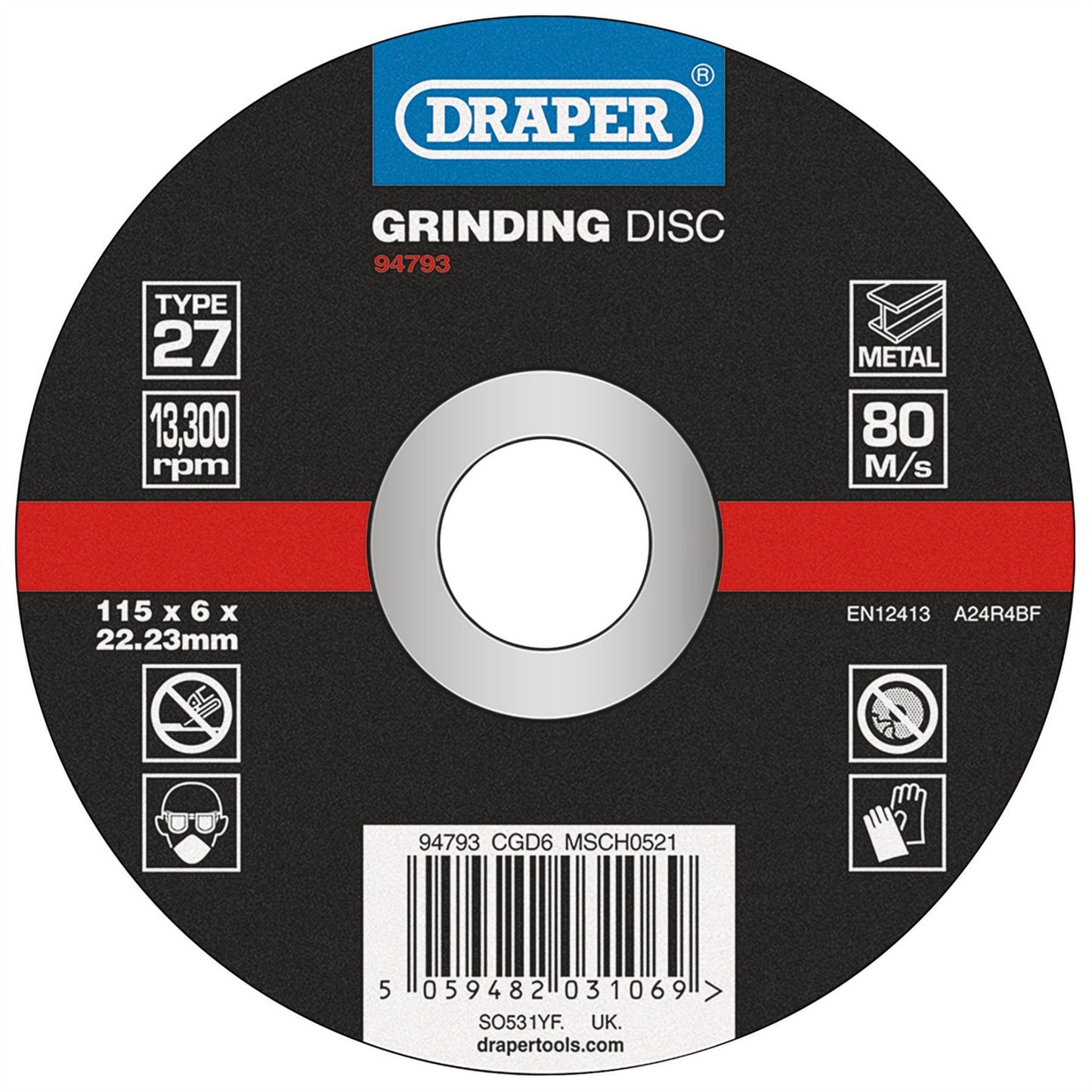 Draper 94793 DPC Metal Grinding Disc 115 x 6 x 22.23mm Draper