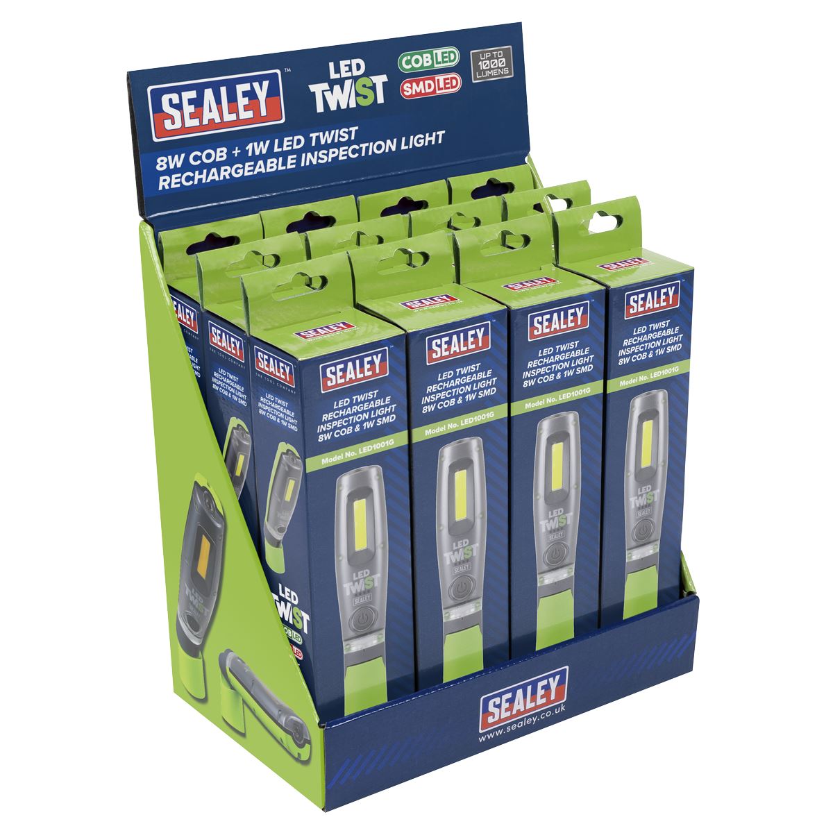 Sealey LED1001GDB LED Twist Rechargeable Inspection Light, Green - Box of 12 Sealey
