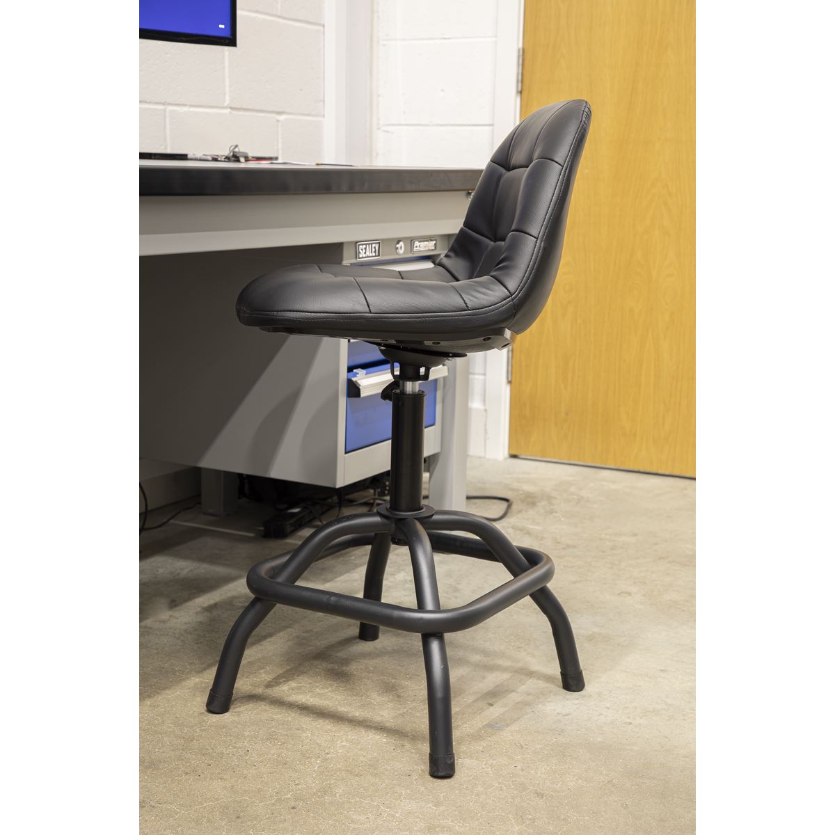 Sealey SCR01B Premier Industrial Pneumatic Workshop Stool with Adjustable Height Swivel Seat & Back Rest Sealey