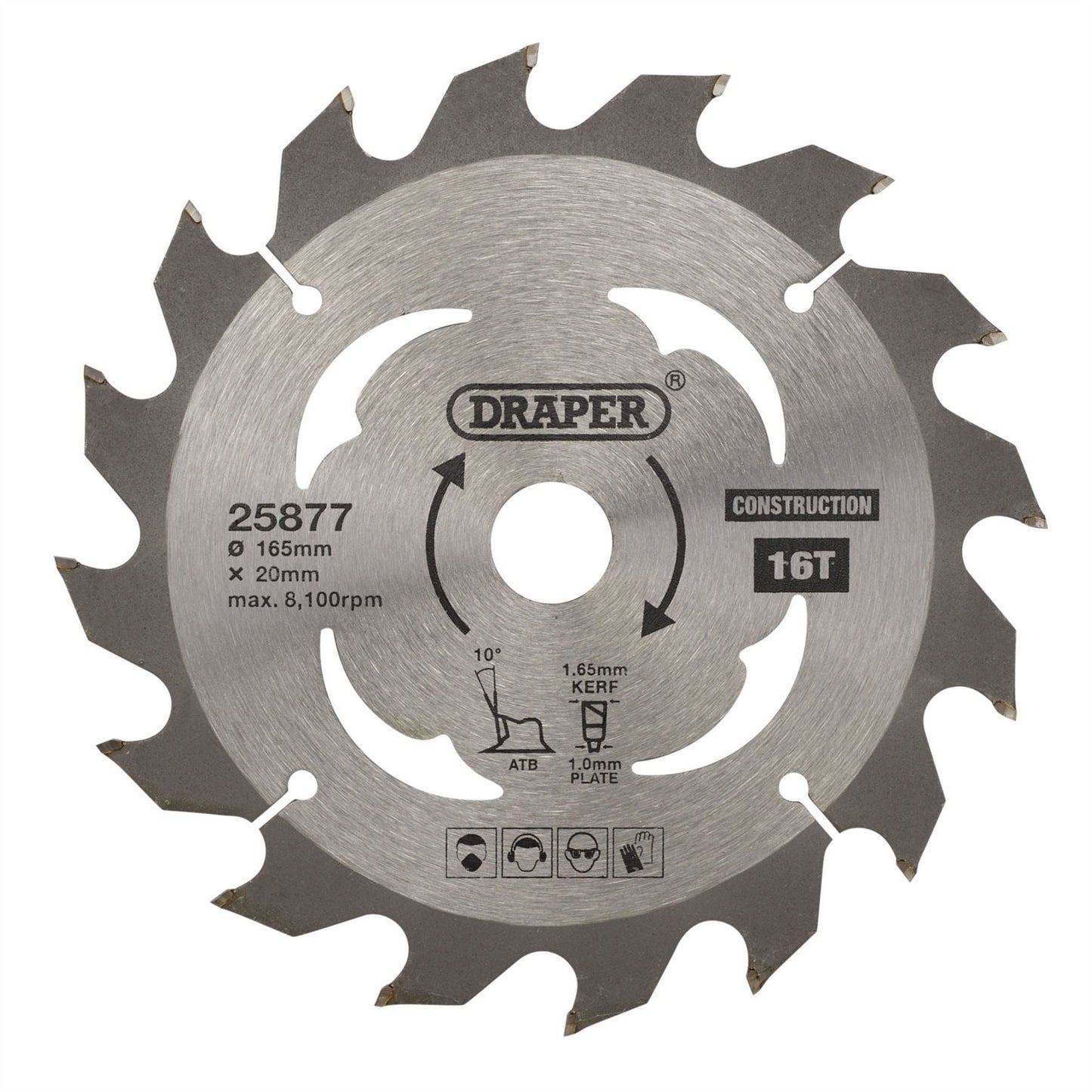 Draper 25877 TCT Cordless Construction Circular Saw Blade for Wood & Composites 165 x 20mm 16T Draper