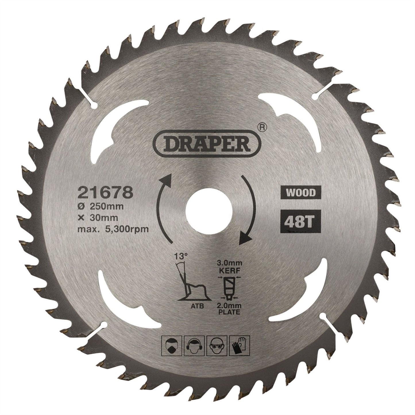 Draper 21678 TCT Circular Saw Blade for Wood 250 x 30mm 48T Draper