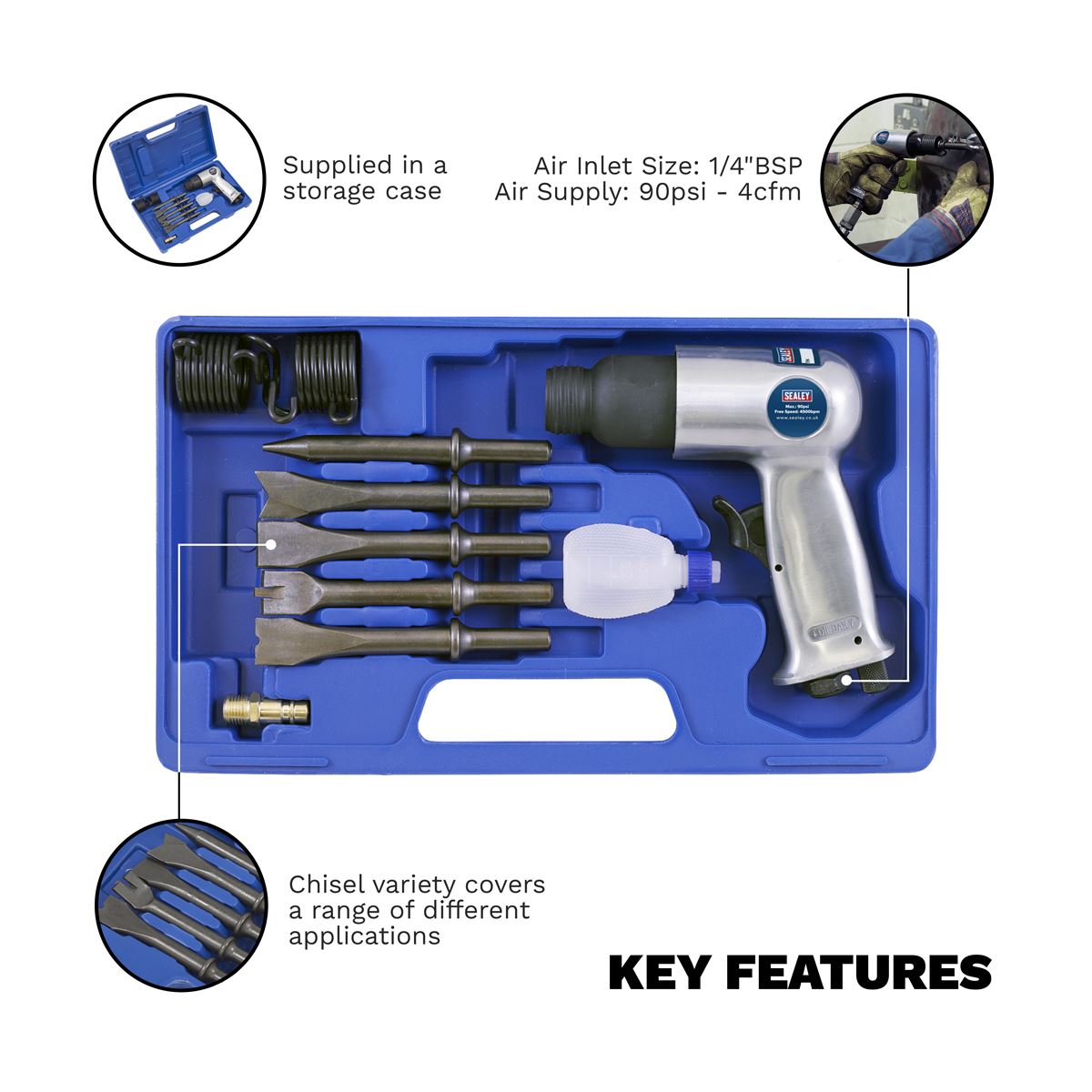 Sealey SA12/S Air Hammer Kit with Chisels Medium Stroke Sealey
