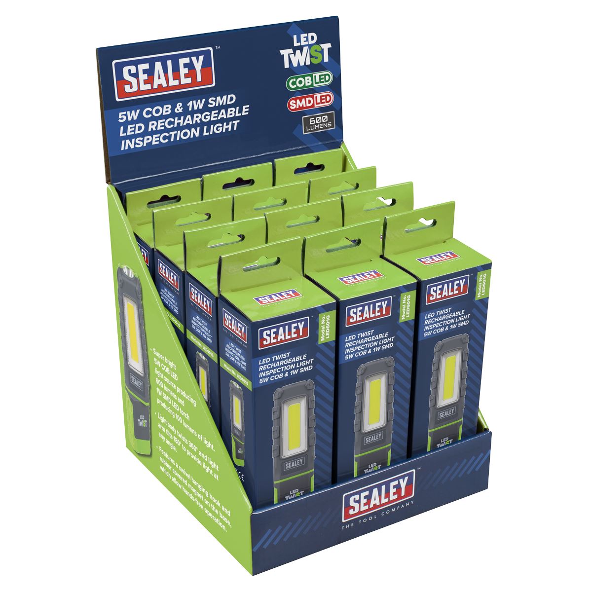 Sealey LED601GDB LED Twist Rechargeable Inspection Light, Green - Box of 12 Sealey