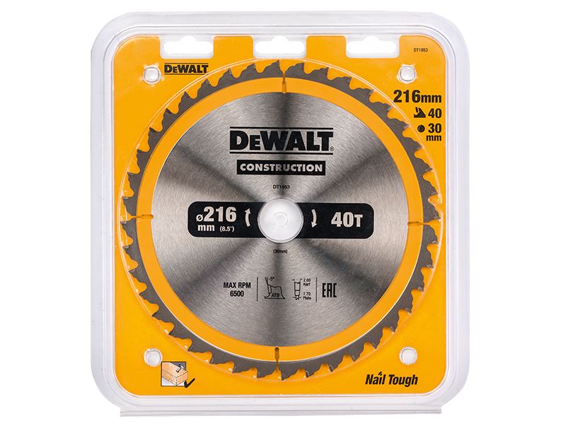 Dewalt Stationary Construction Circular Saw Blade 216 X 30mm X 40t Atb/Neg Dewalt