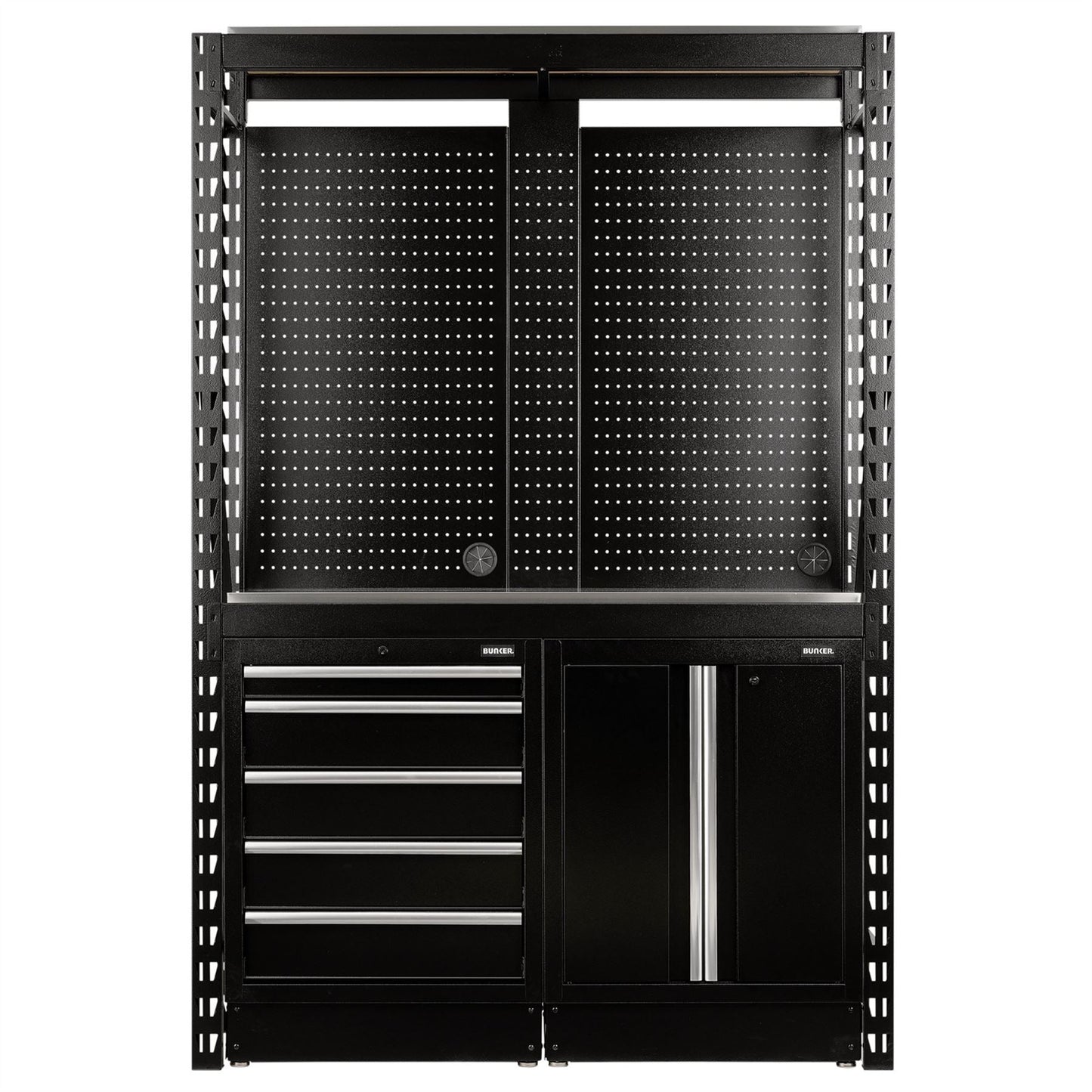 Draper 27972 BUNKER® 15 Piece Modular Storage Combo 2 Tier Racking with Stainless Steel Shelving Pegboards and Floor Cabinets 1500mm Draper