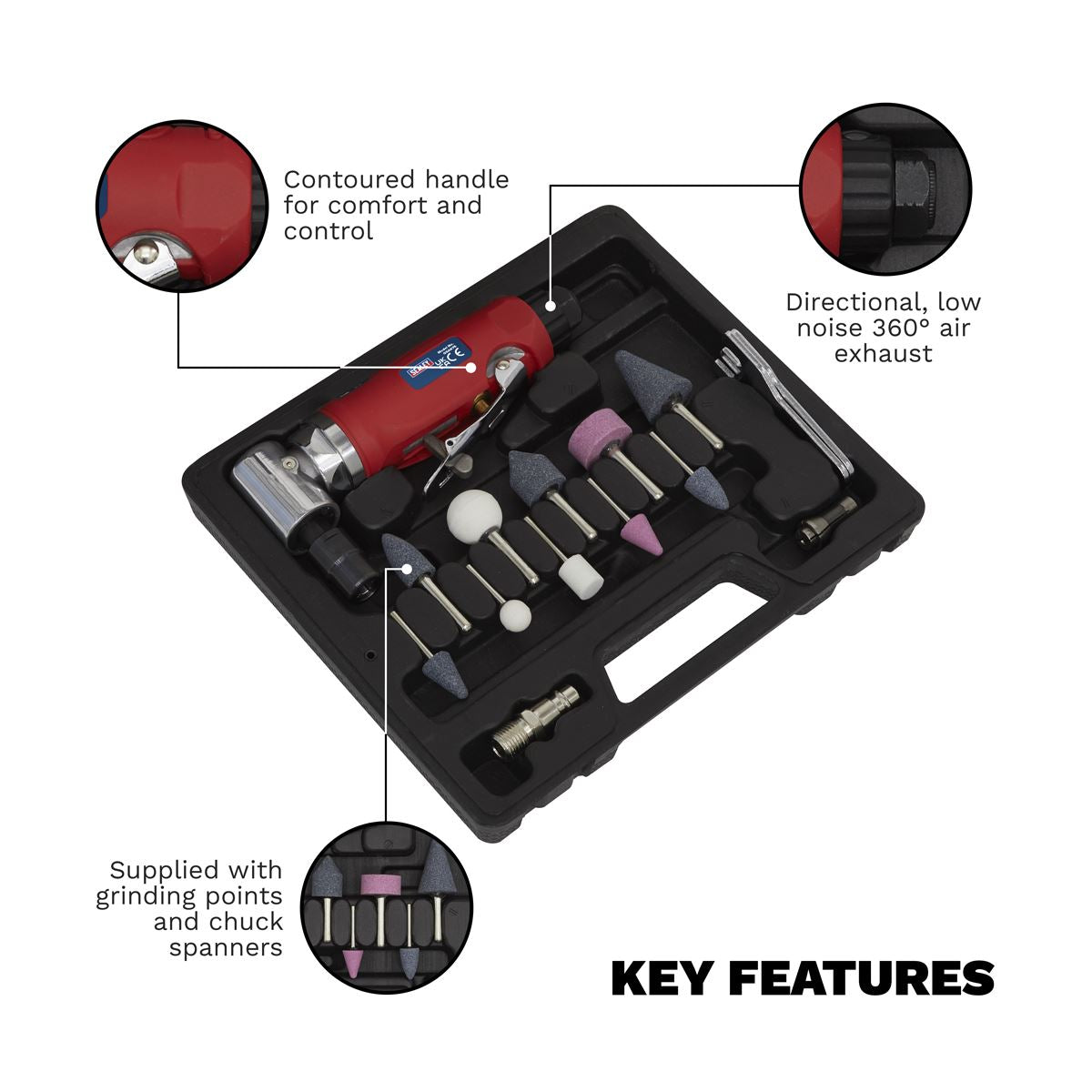 Sealey GSA675 Air Die Grinder 90° Angle Kit 15pc Sealey
