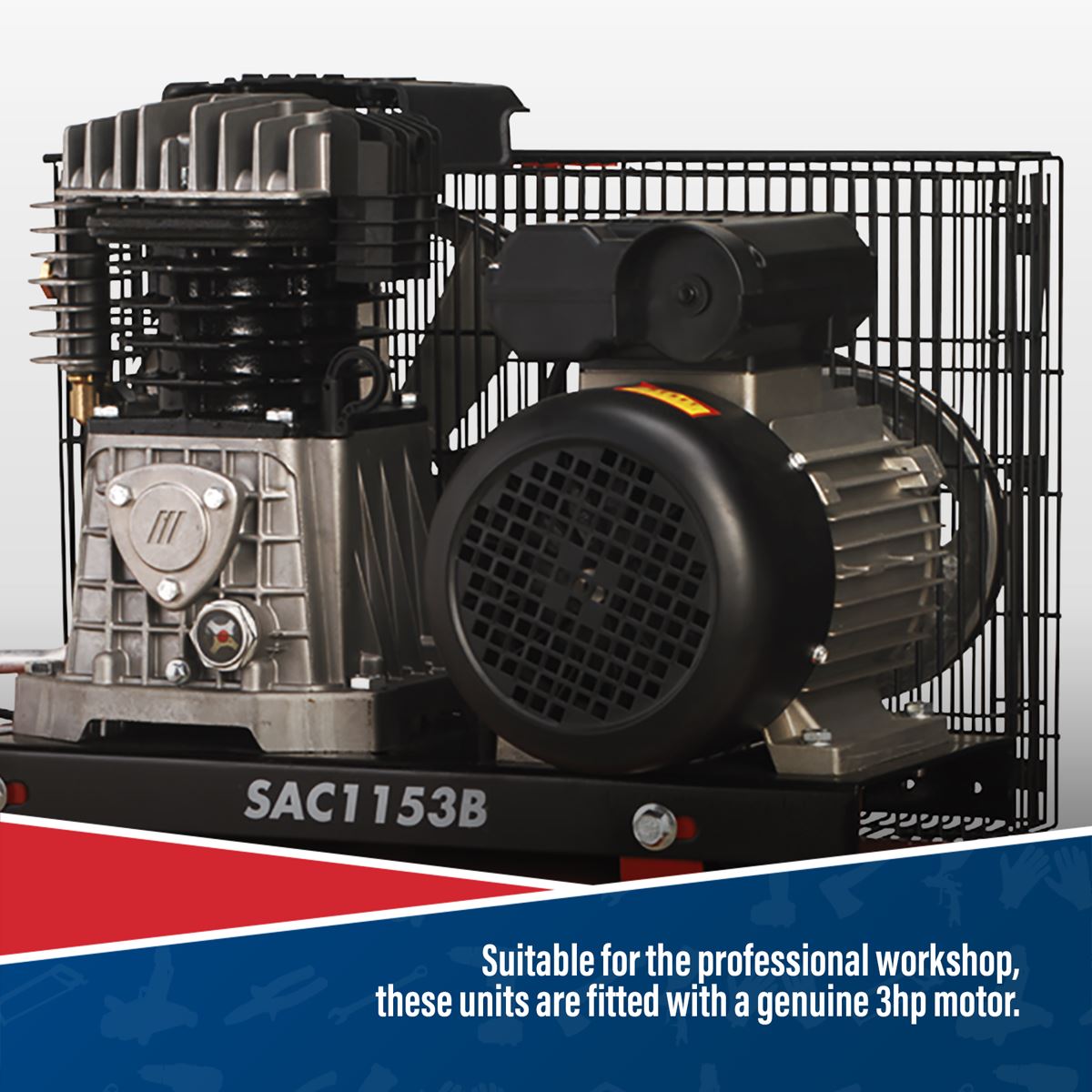 Sealey SAC1153B Air Compressor 150L Belt Drive 3hp with Cast Cylinders Sealey