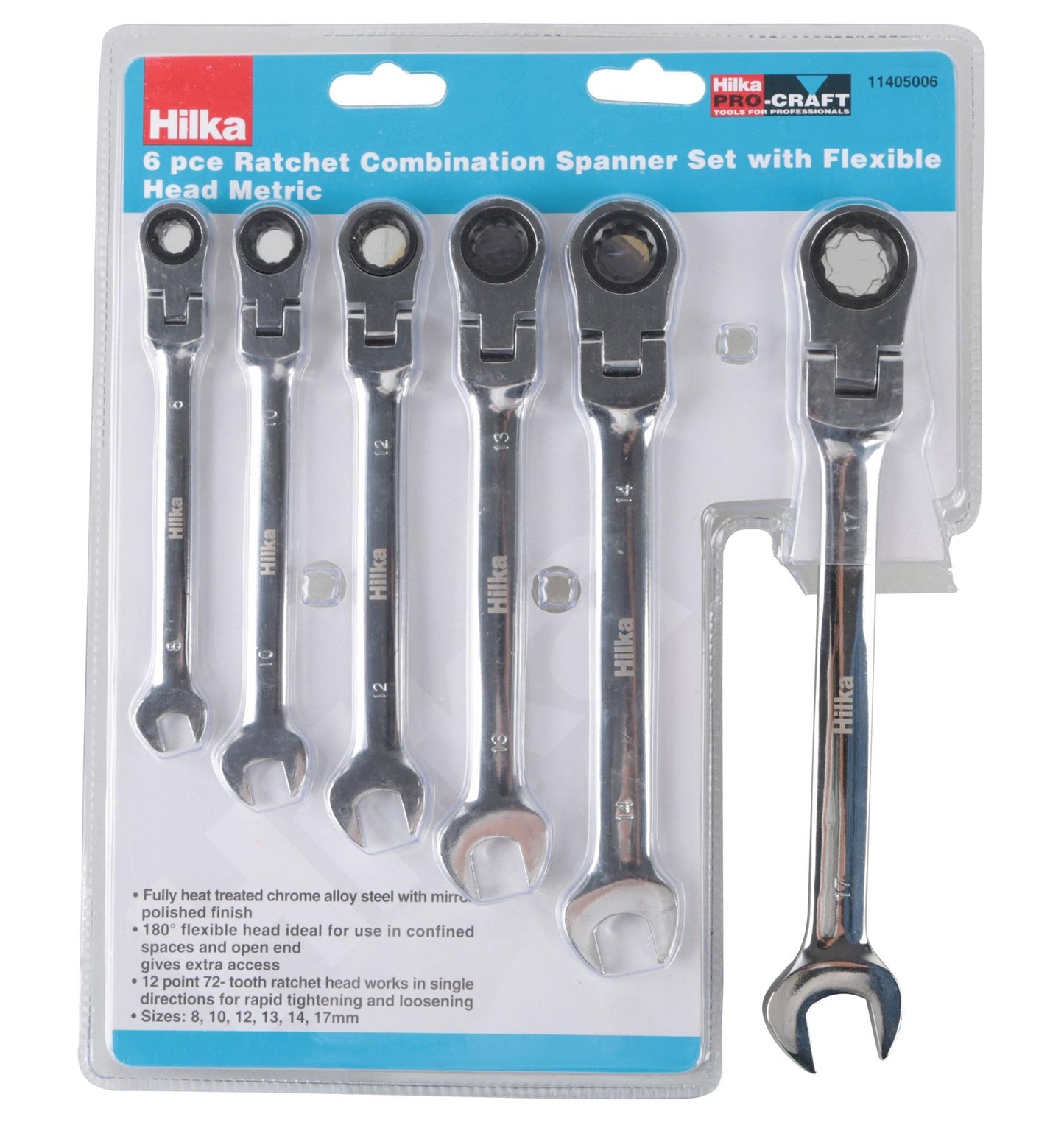 Hilka Ratchet Combination Spanner Set With Flexible Head Metric 6 Piece Set 11405006 Hilka