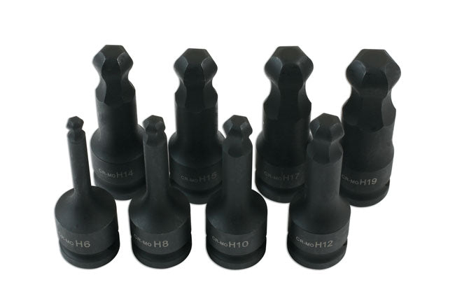 Laser Tools 7672 Ball End Impact Hex Socket Bit Set 1/2"D 8pc Laser Tools