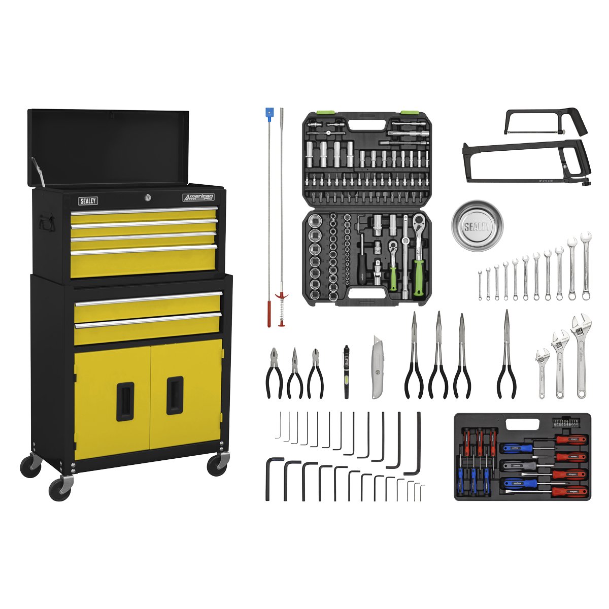 Sealey AP22YCOMBO Topchest & Rollcab Combination 6 Drawer with Ball-Bearing Slides - Yellow/Black & 170pc Tool Kit Sealey