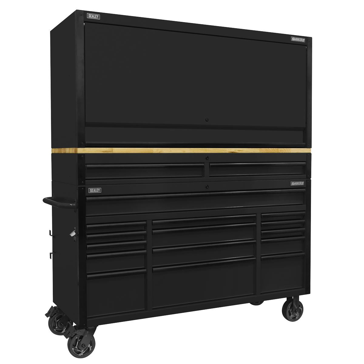 Sealey Black Edition Mobile Trolley with Wooden Worktop 15 Drawer, Hutch & 2 Drawer Riser 1549mm Sealey