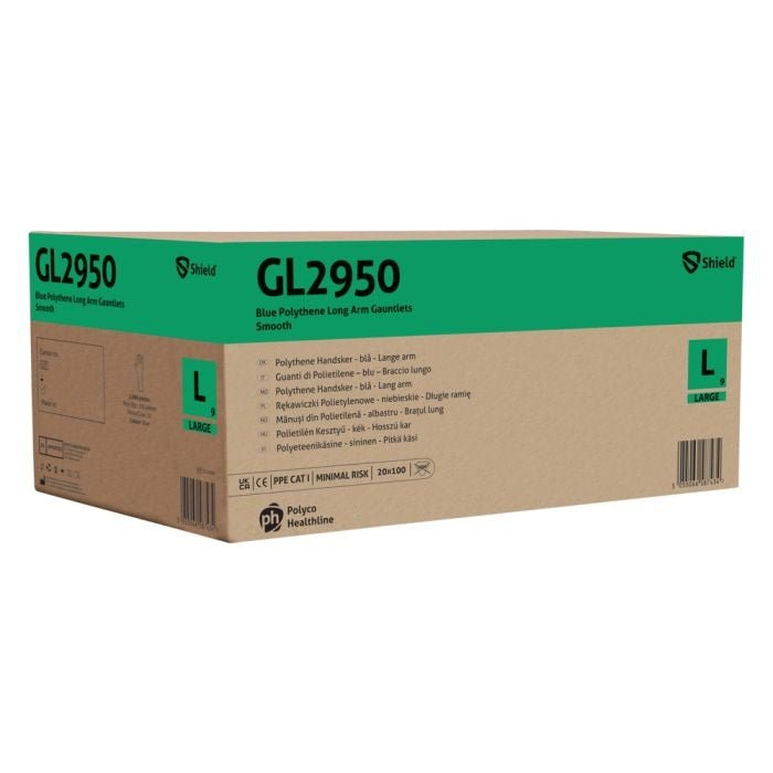 Shield Pack 100 Blue Disposable Polythene Gauntlets Long Arm 900mm Large Shield