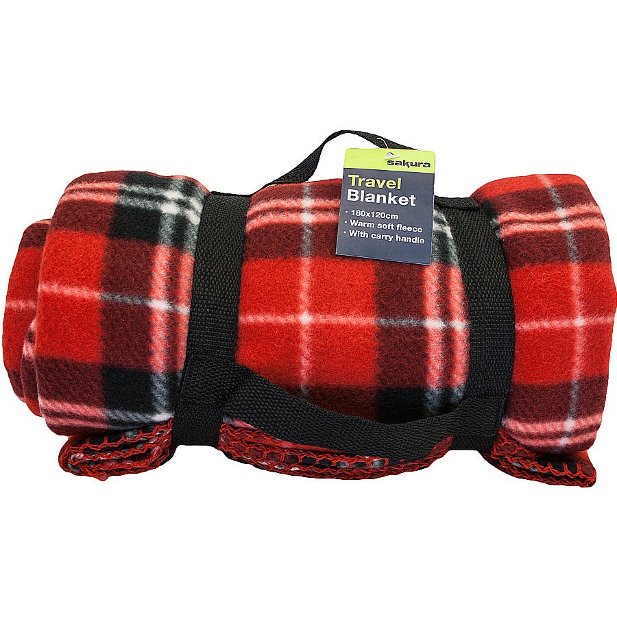 Soft Fleece Tartan Travel Blanket With Carry Handle Car Rug 180 x 120cm Sakura