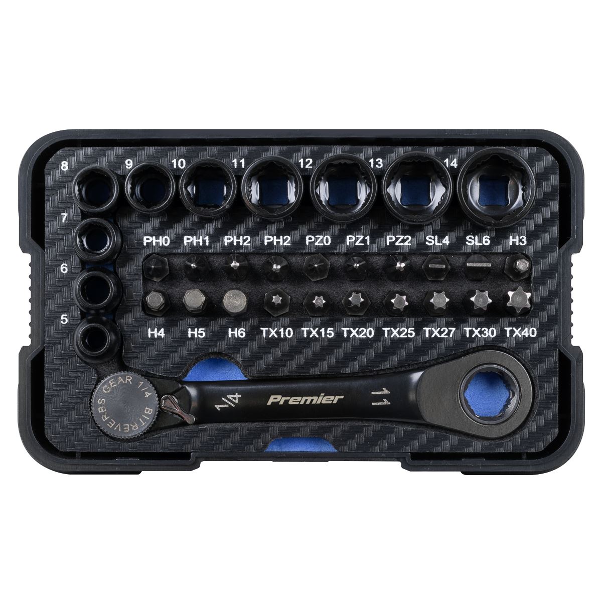 Sealey AK2112 Premier Black Go-Through Lock-On™ Low Profile Socket & Bit Set 1/4"Sq Drive 31pc Sealey