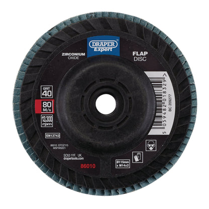 Draper 86010 Expert Zirconium Oxide Flap Disc 115mm M14 40 Grit Draper