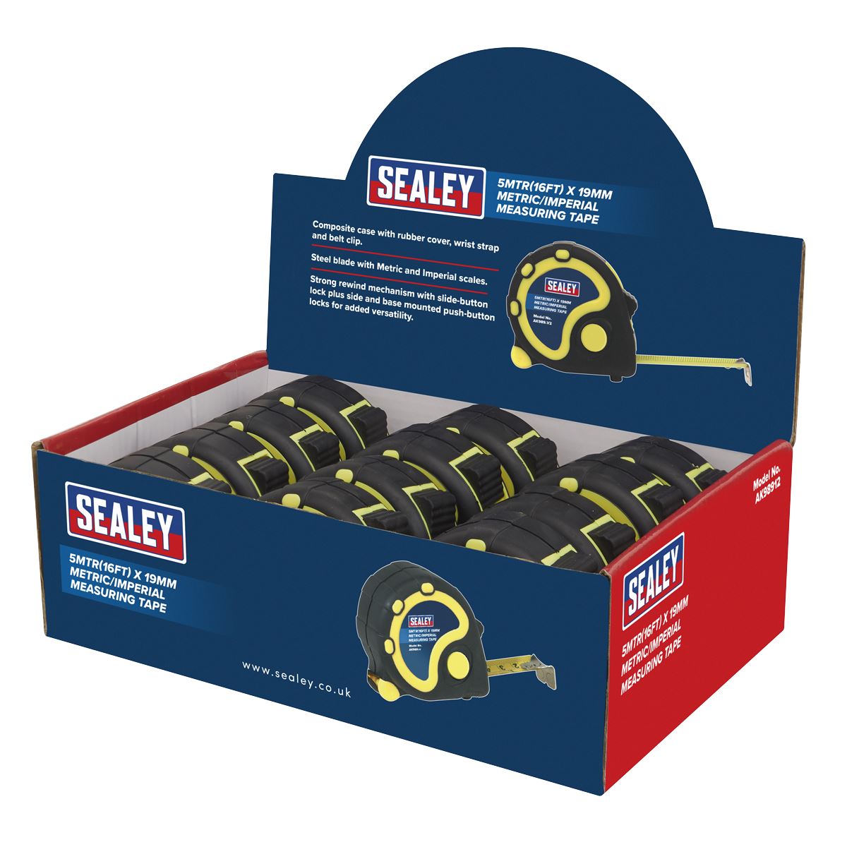 Sealey AK98912 Rubber Tape Measure 5m(16ft) x 19mm Metric/Imperial Display Box of 12 Sealey