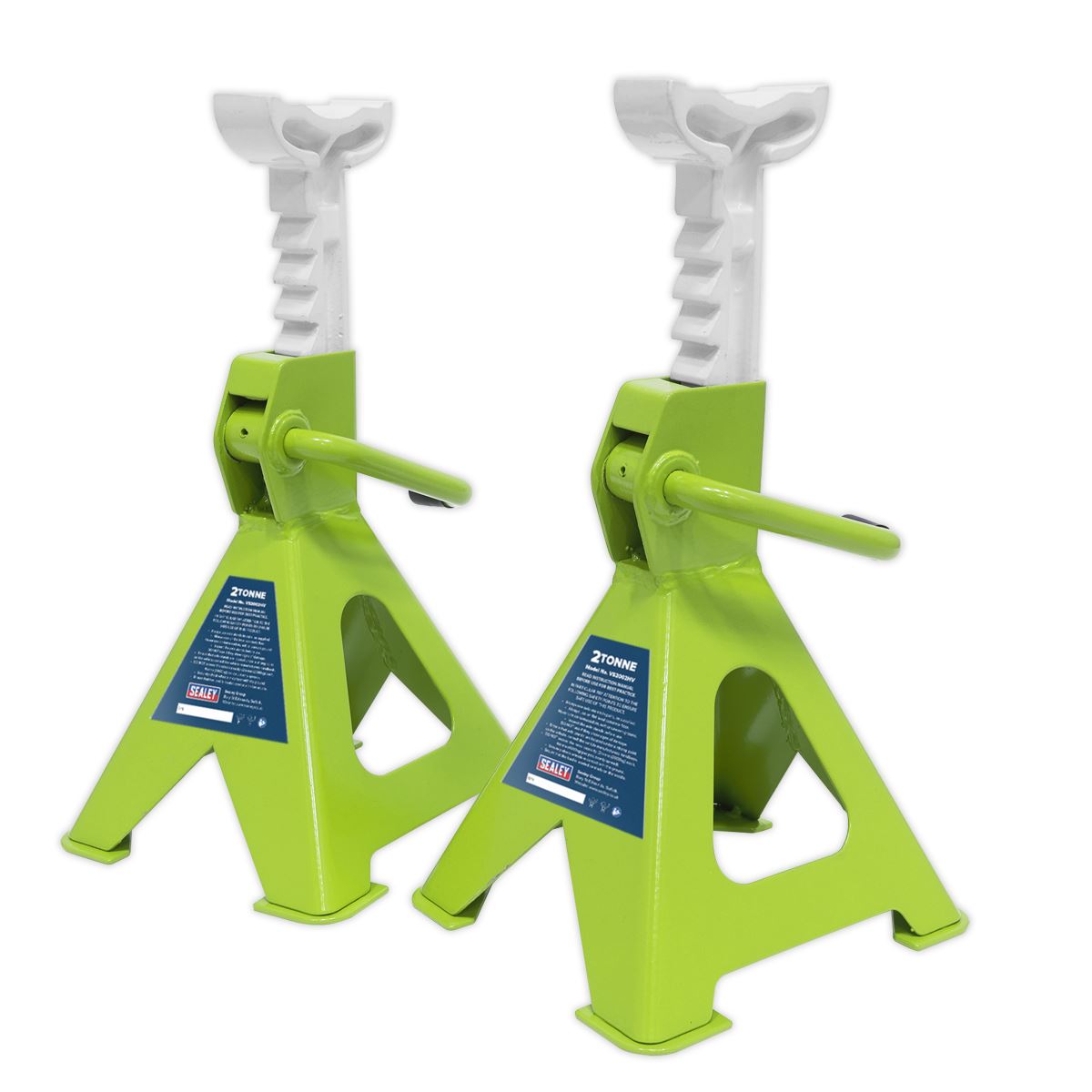 Sealey VS2002HV Ratchet Type Axle Stands (Pair) 2 Tonne Capacity per Stand - Hi-Vis Green Sealey