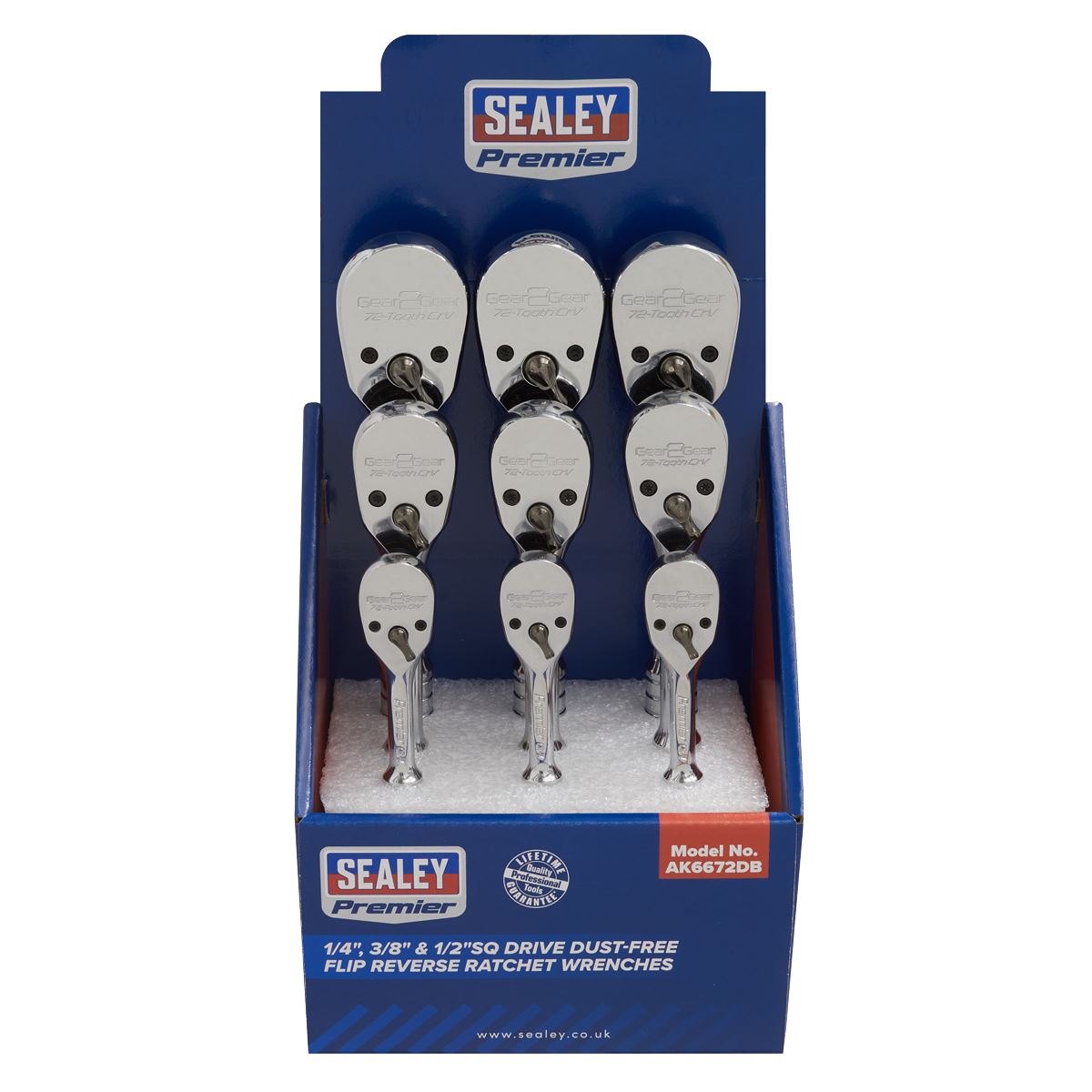 Sealey AK6672DB Ratchet Wrenches 1/4" 3/8" & 1/2"Sq Drive Pear-Head Flip Reverse Display Box of 9 Sealey