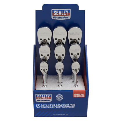 Sealey AK6672DB Ratchet Wrenches 1/4" 3/8" & 1/2"Sq Drive Pear-Head Flip Reverse Display Box of 9 Sealey